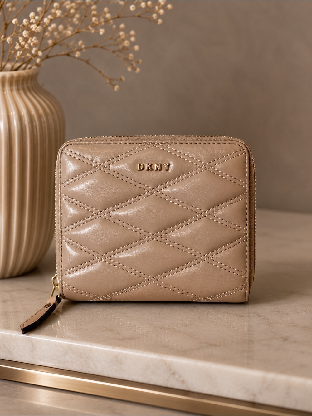 DKNY Quilted Leather Zip Wallet in Taupe